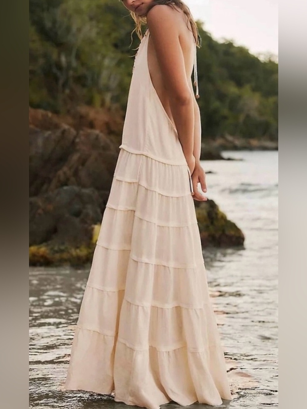 NWT Free People Somewhere Sunny Drop Waist Tiered Open Back Halter Maxi S NWT